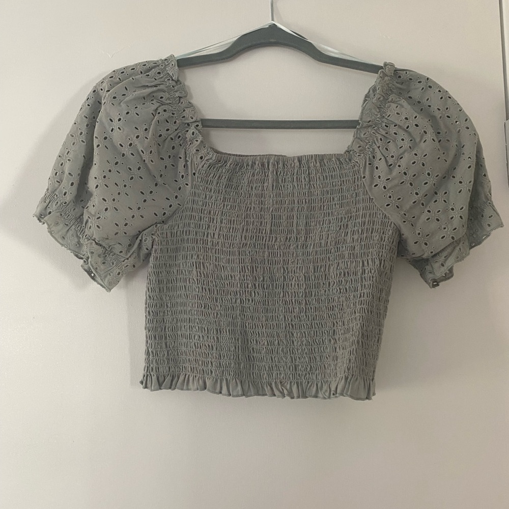 Smocked Puff Sleeve Crop Top in Sage